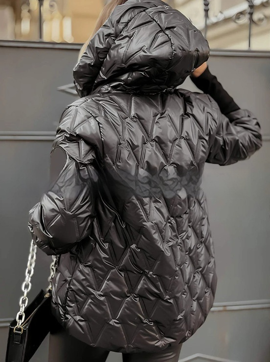 Odette puffer jacket back view with hood up, quilted diamond pattern
