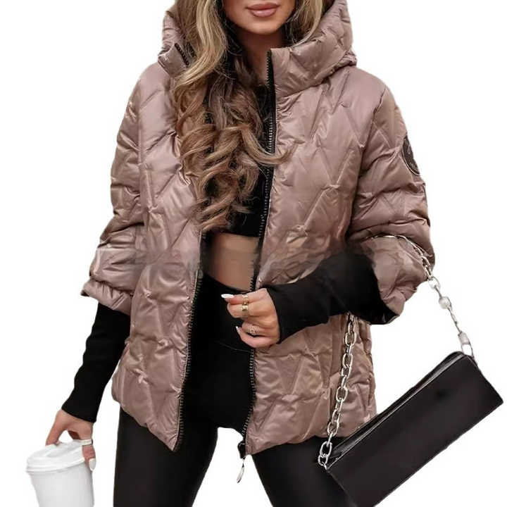 Odette puffer jacket back view with hood up, quilted diamond pattern