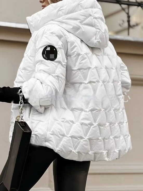 Odette puffer jacket back view with hood up, quilted diamond pattern