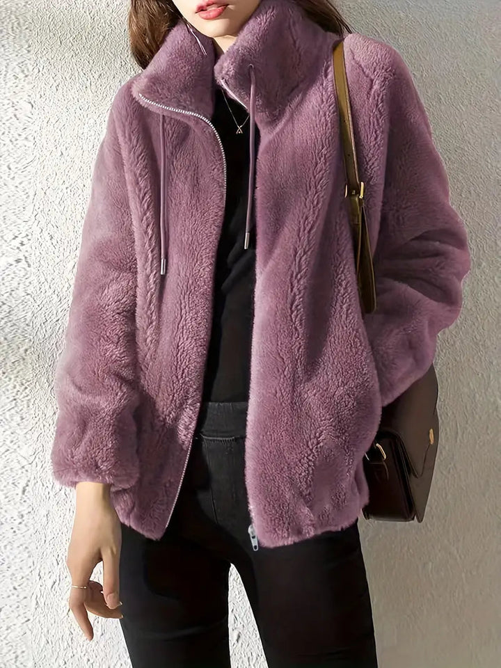 Odette purple teddy coat with stand collar and drawstring, front view