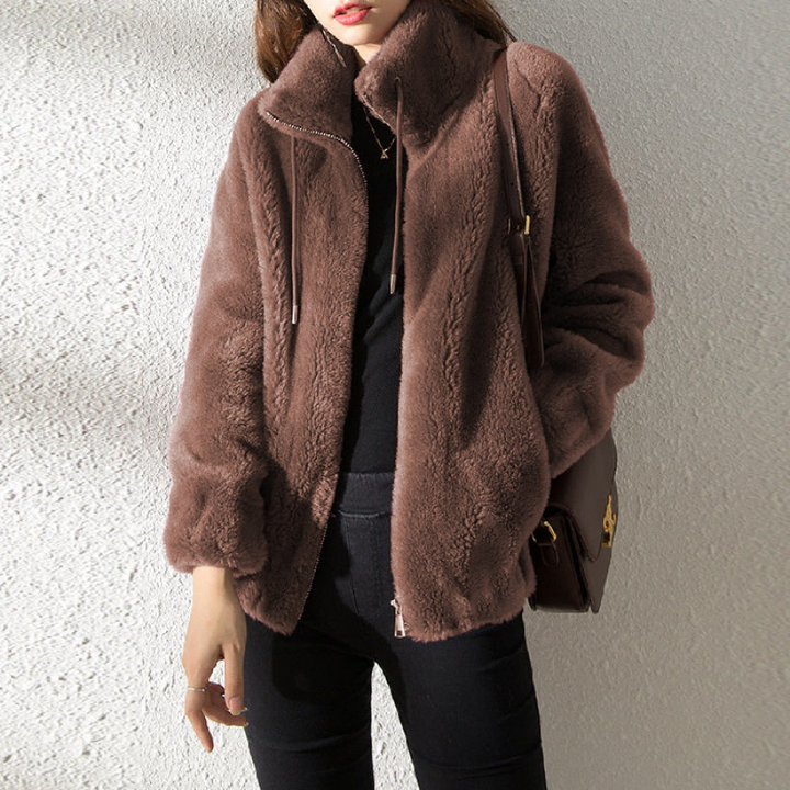 Odette brown teddy coat with stand collar, close-up front view