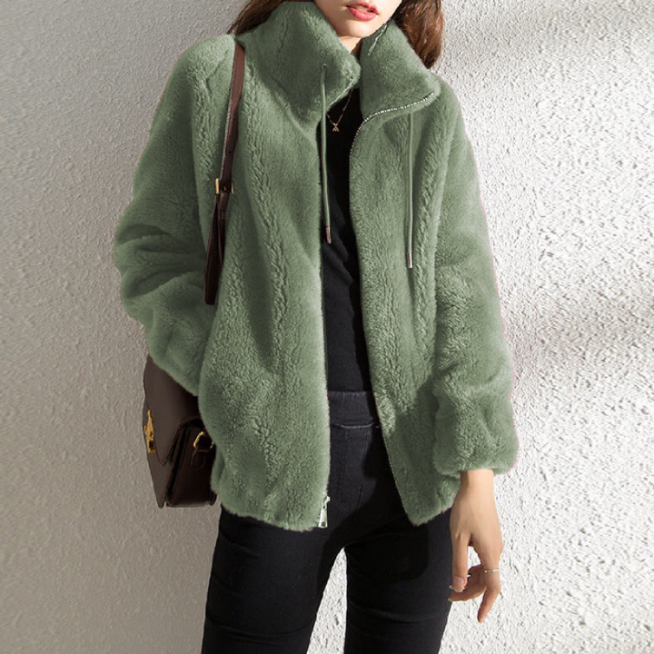 Odette green teddy coat with drawstring collar, close-up front view