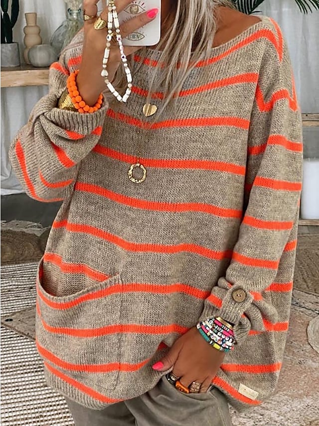 Odette striped oversized sweater with front pocket, close-up view