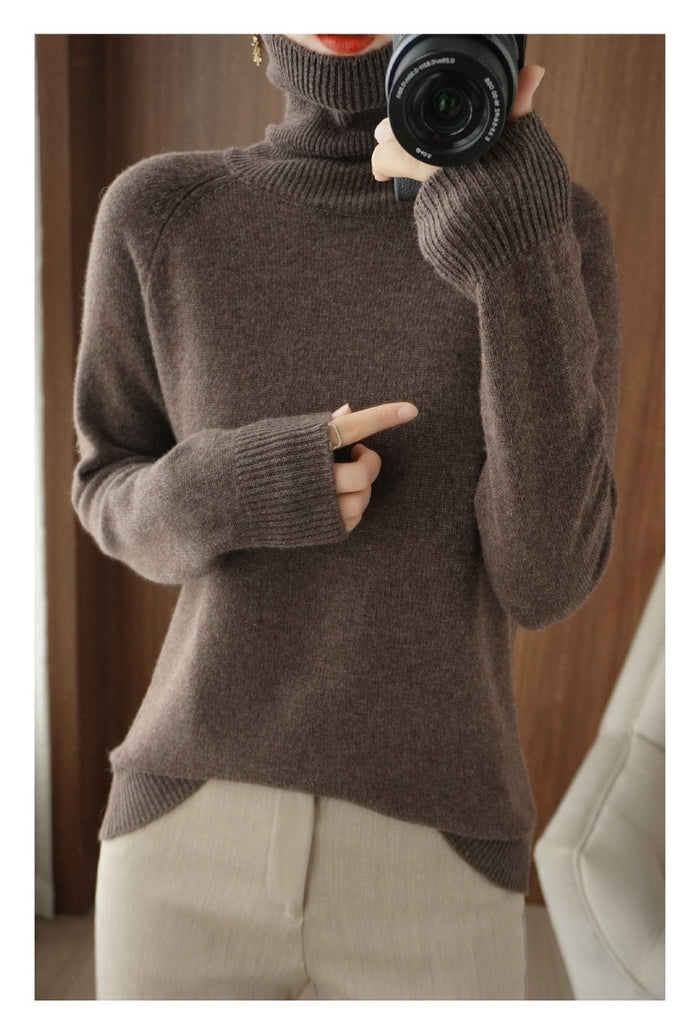 Odette turtleneck fall sweater in brown, close-up front view