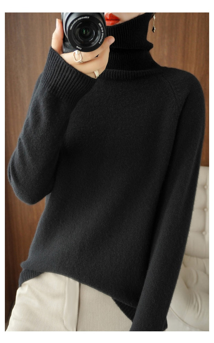 Odette turtleneck fall sweater in black, front view