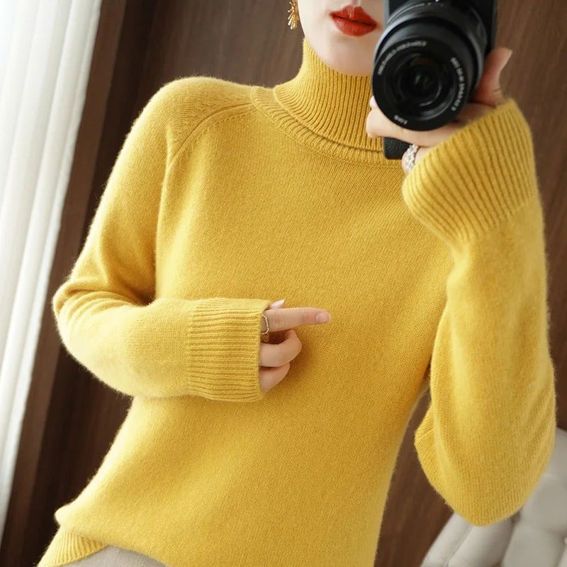 Odette turtleneck fall sweater in yellow, close-up front view
