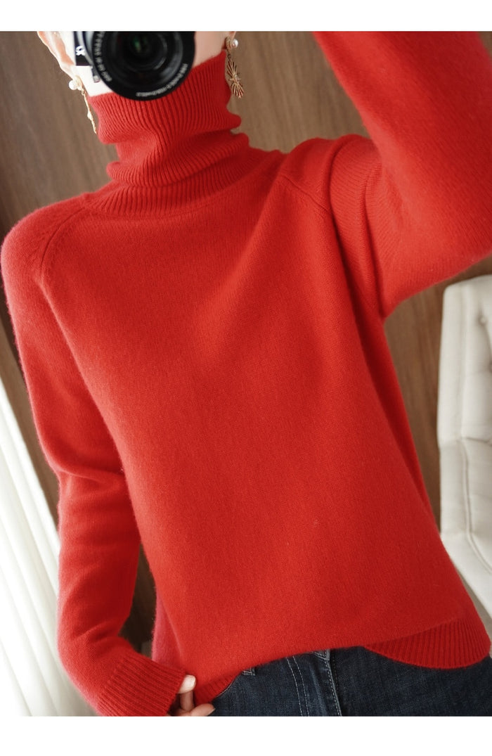 Odette turtleneck fall sweater in red, back view