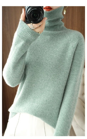 Odette turtleneck fall sweater in sage green, close-up view