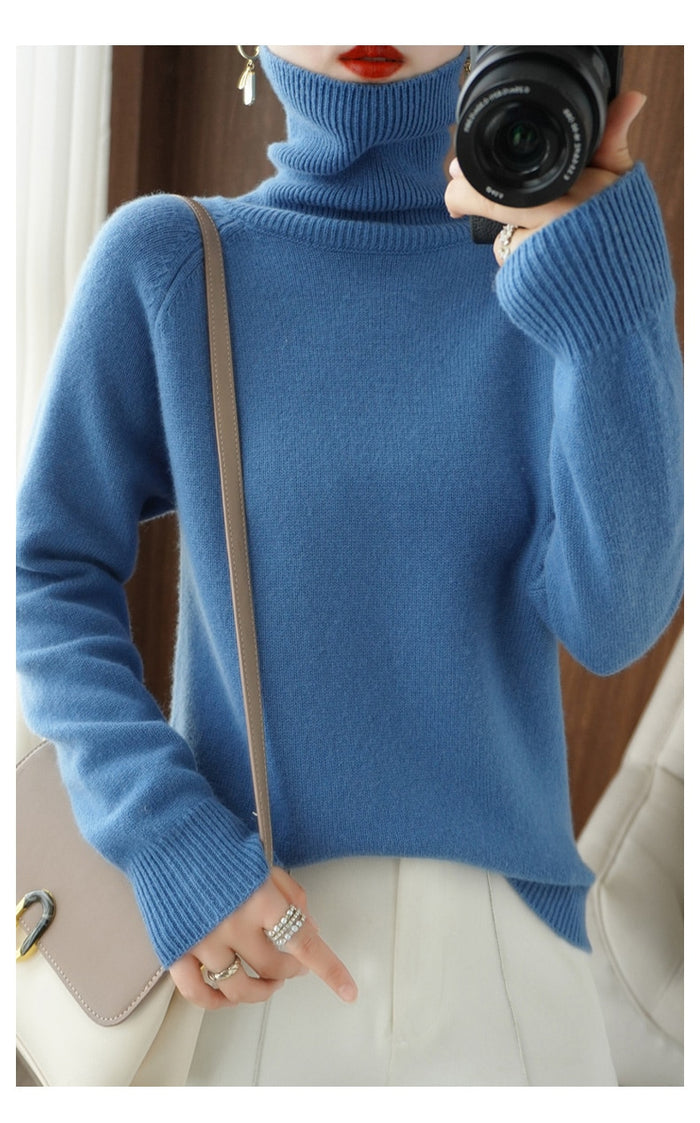 Odette turtleneck fall sweater in blue, front view
