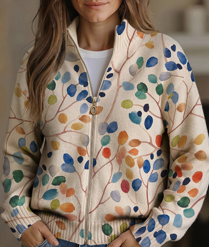 Ophelia botanical print zip-up cardigan, close-up front view with zipper detail