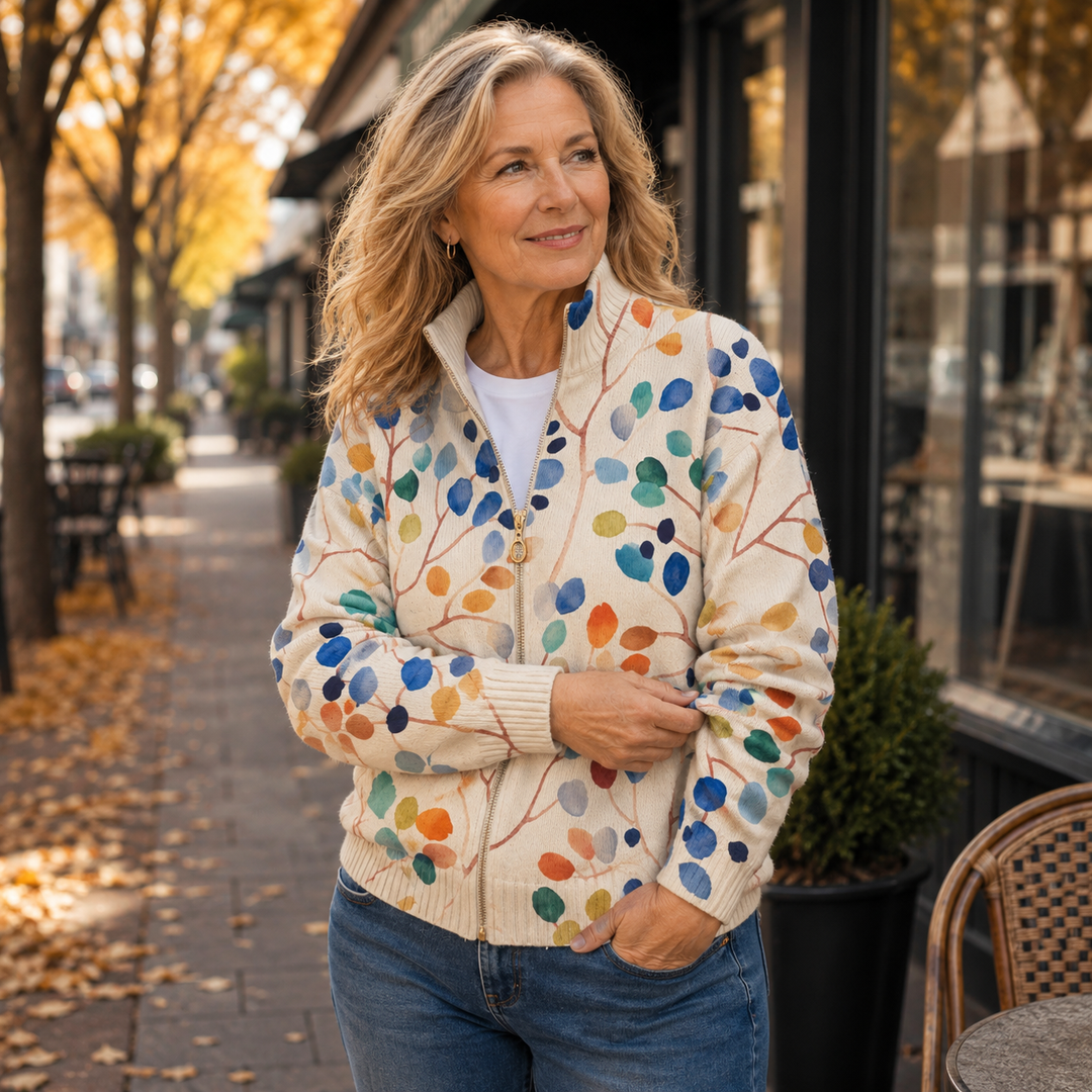 Ophelia botanical print zip-up cardigan worn outdoors, front view