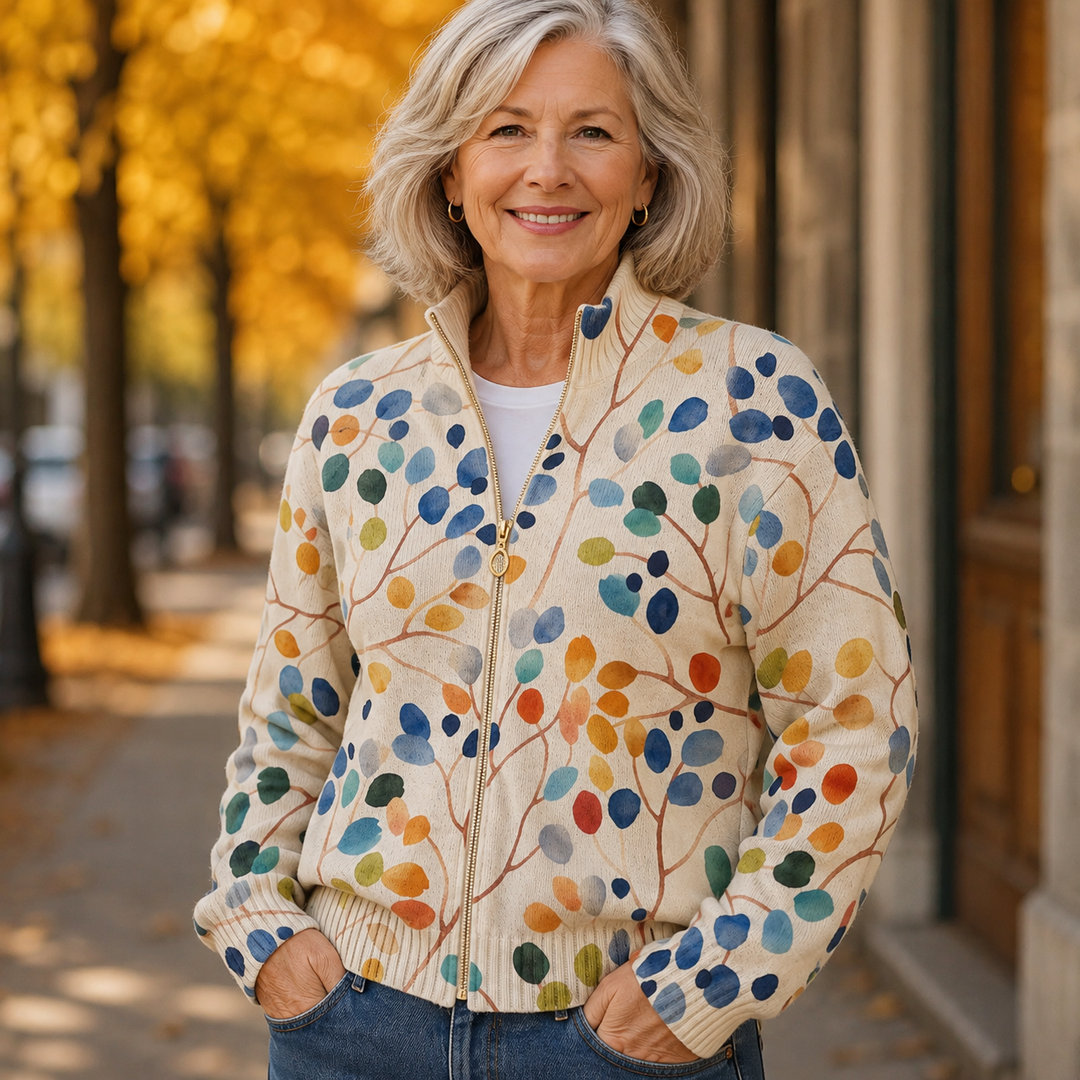 Ophelia botanical print zip-up cardigan, smiling model close-up front view