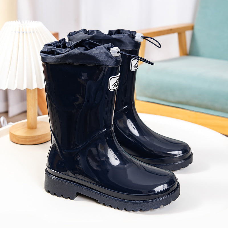 Palmer navy blue mid-calf rain boots with drawstring cuff, front view