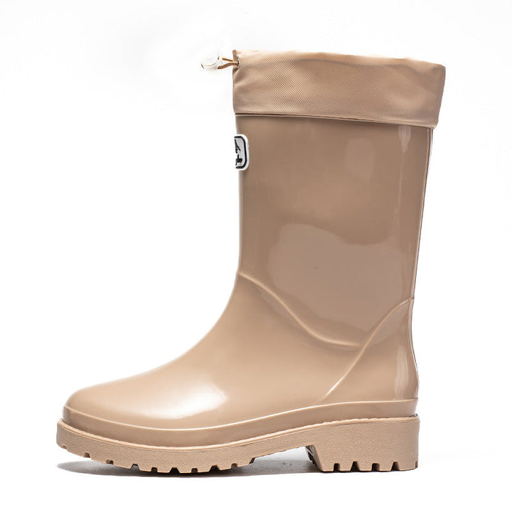 Palmer burgundy rain boots with adjustable drawstring collar, front view