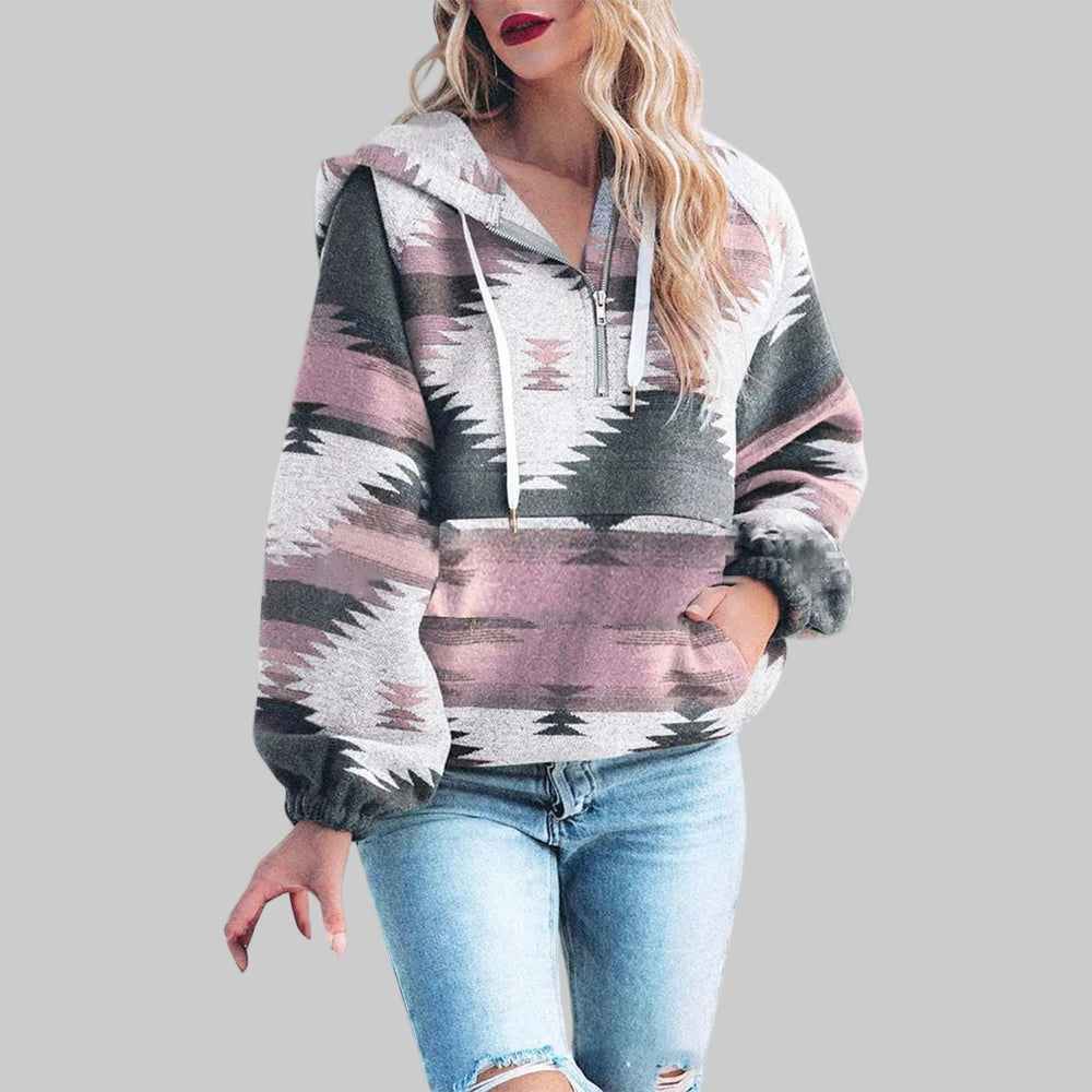 Paloma Aztec print half-zip hooded sweater in pink and gray, front view