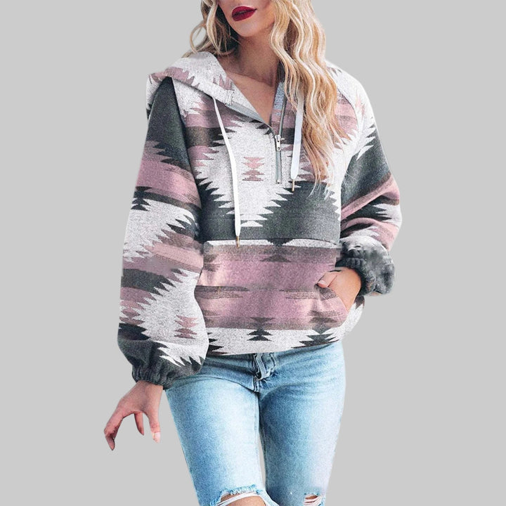 Paloma Aztec print half-zip hooded sweater in pink and gray, front view