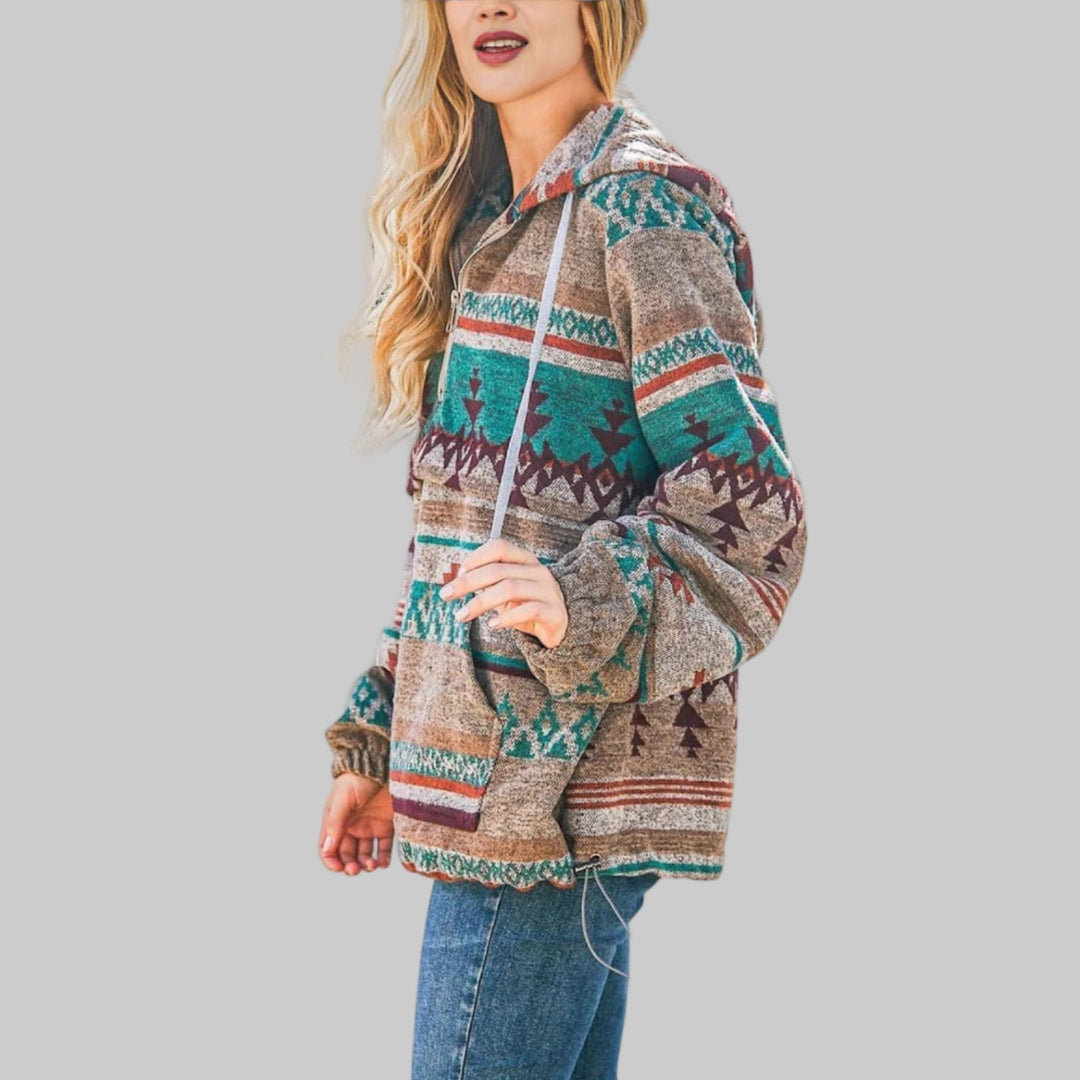 Paloma Aztec print half-zip hooded sweater in brown and teal, side view