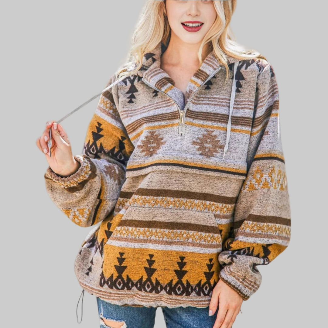 Paloma Aztec print half-zip hooded sweater in mustard and brown, front view