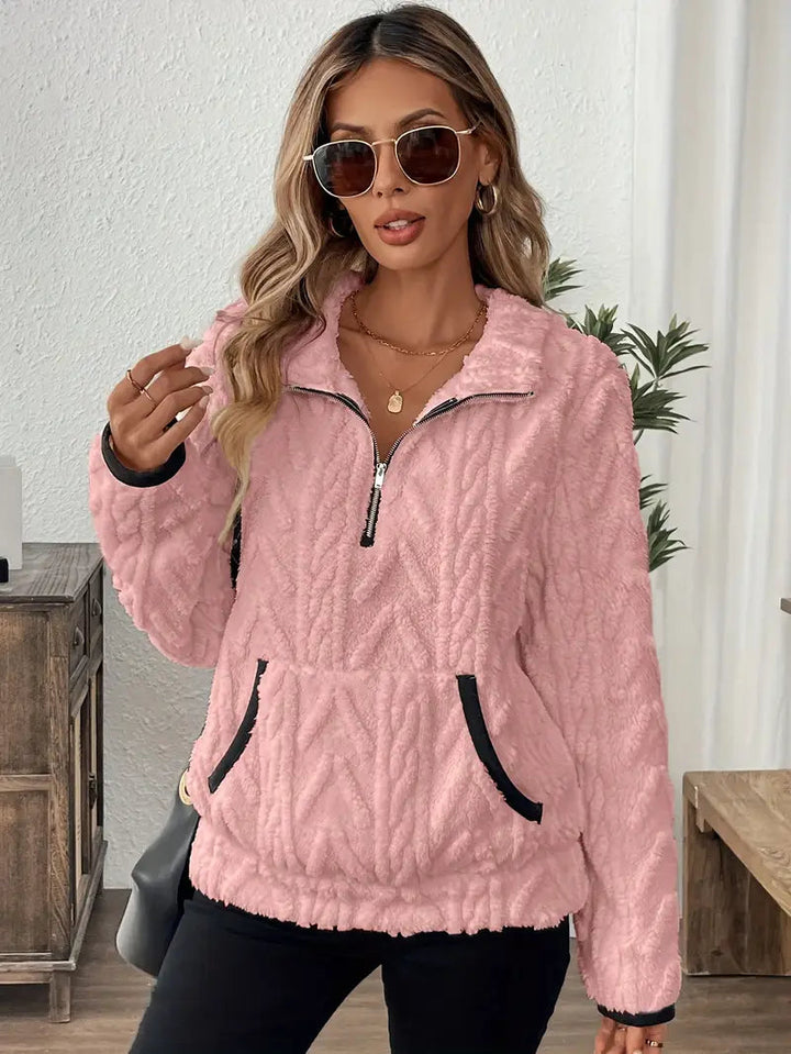 Paloma quarter-zip cable knit sherpa pullover in pink, front view