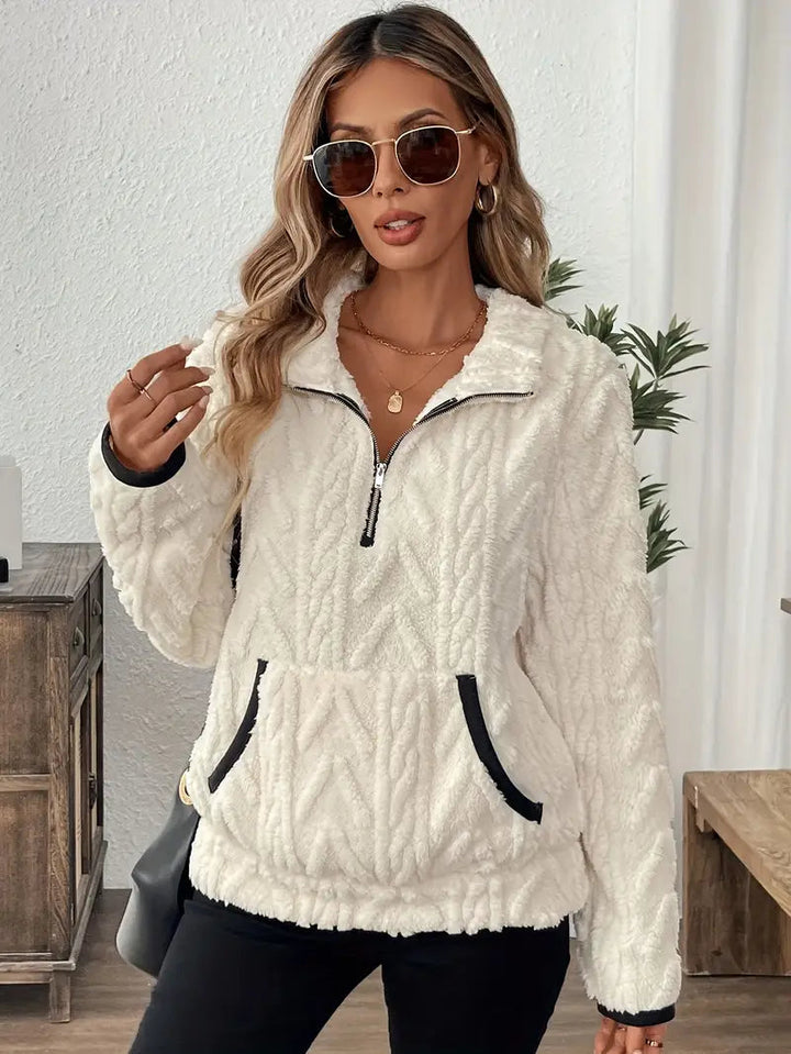 Paloma quarter-zip cable knit sherpa pullover in white, front view