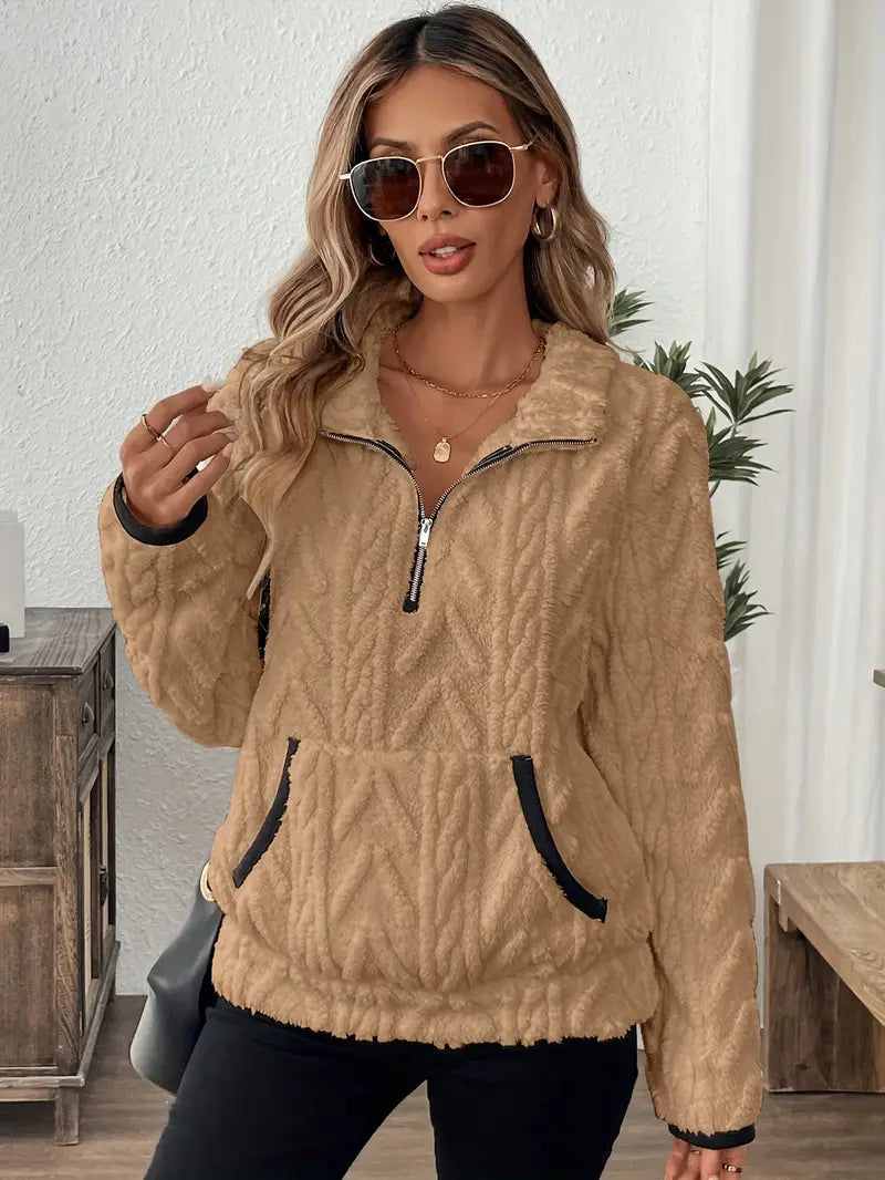 Paloma quarter-zip cable knit sherpa pullover in khaki, front view