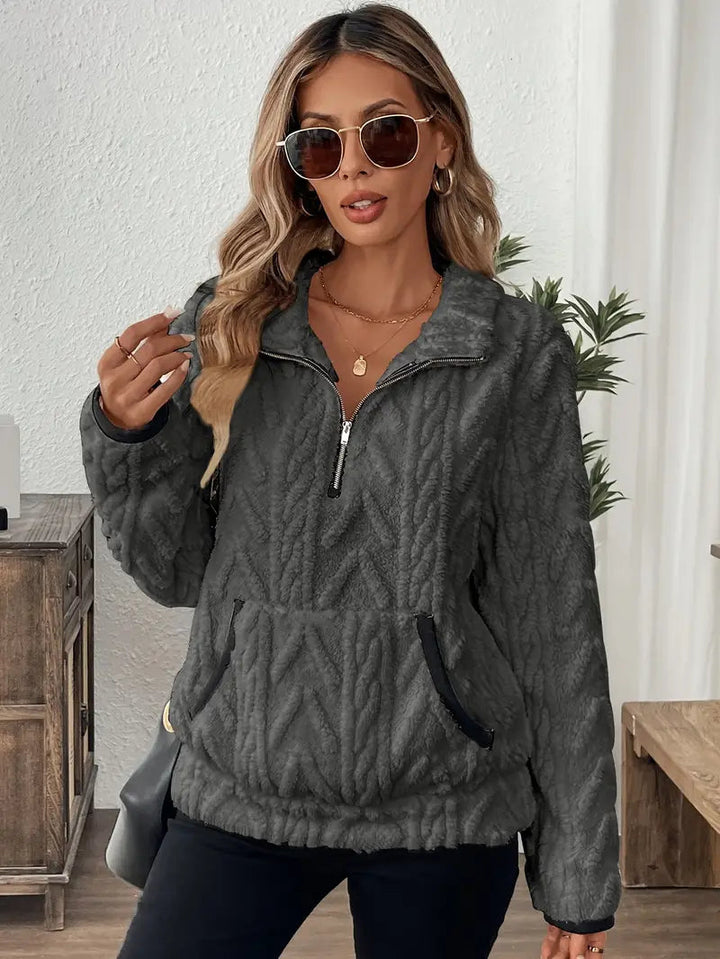 Paloma quarter-zip cable knit sherpa pullover in dark gray, front view