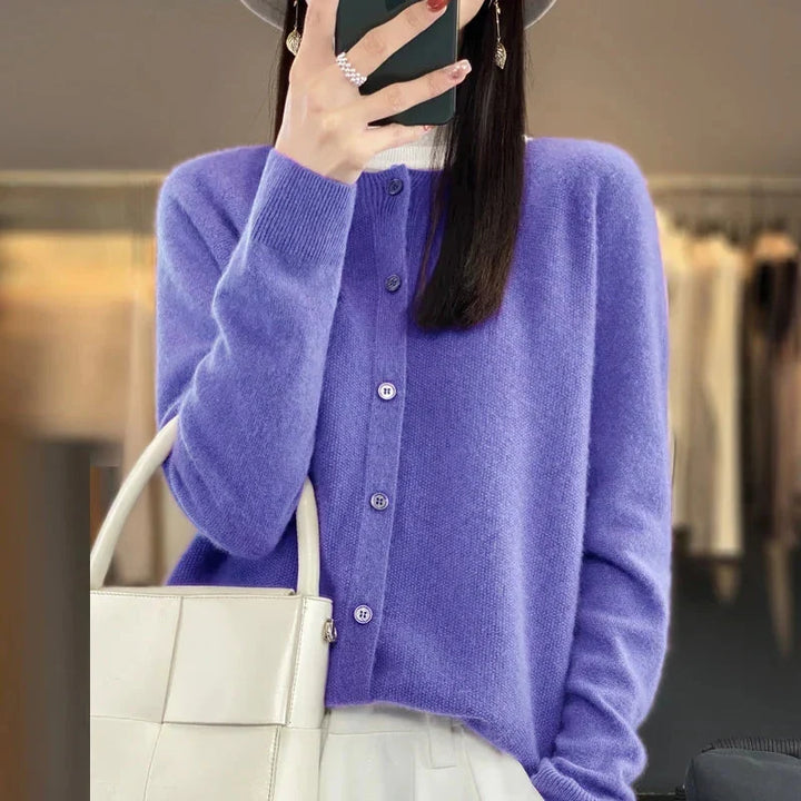 Petra purple button front knit cardigan with round neckline, front view