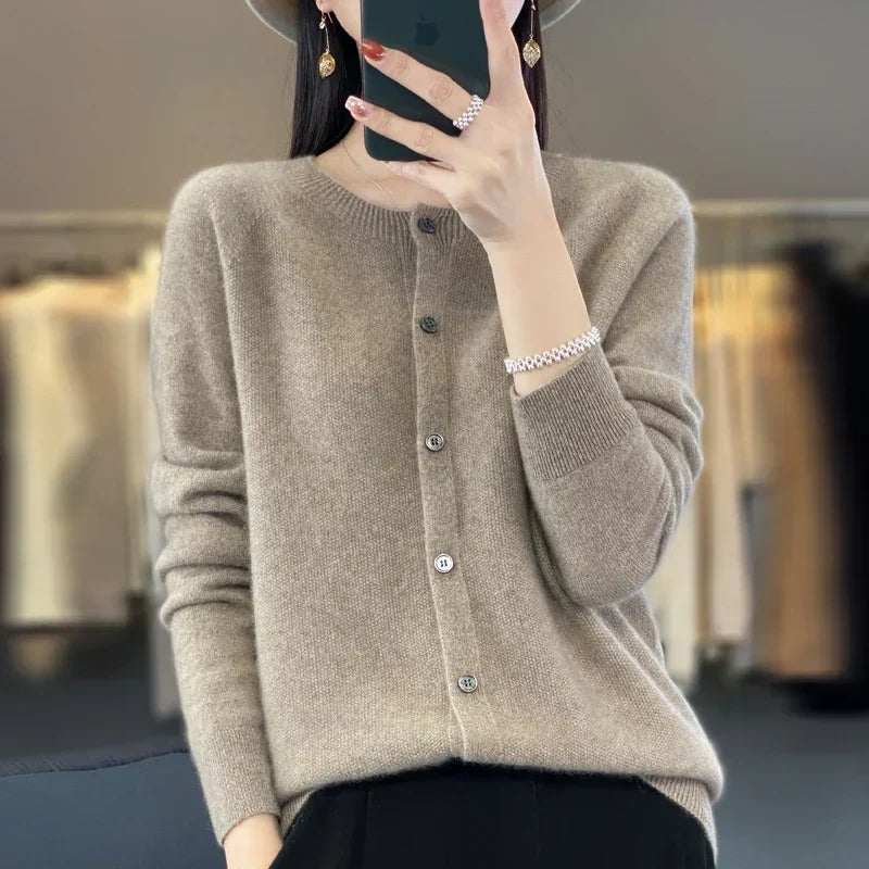 Petra light brown button front cardigan, front view