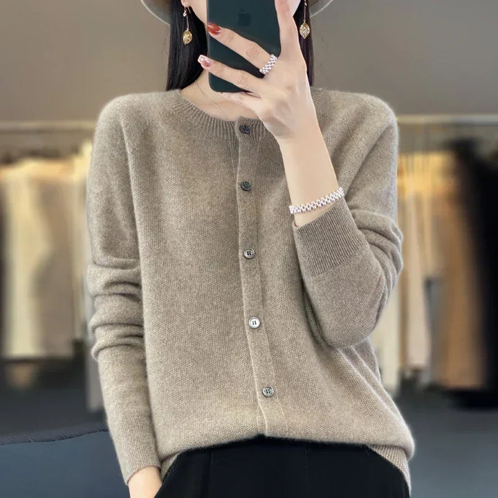 Petra light brown button front cardigan, front view