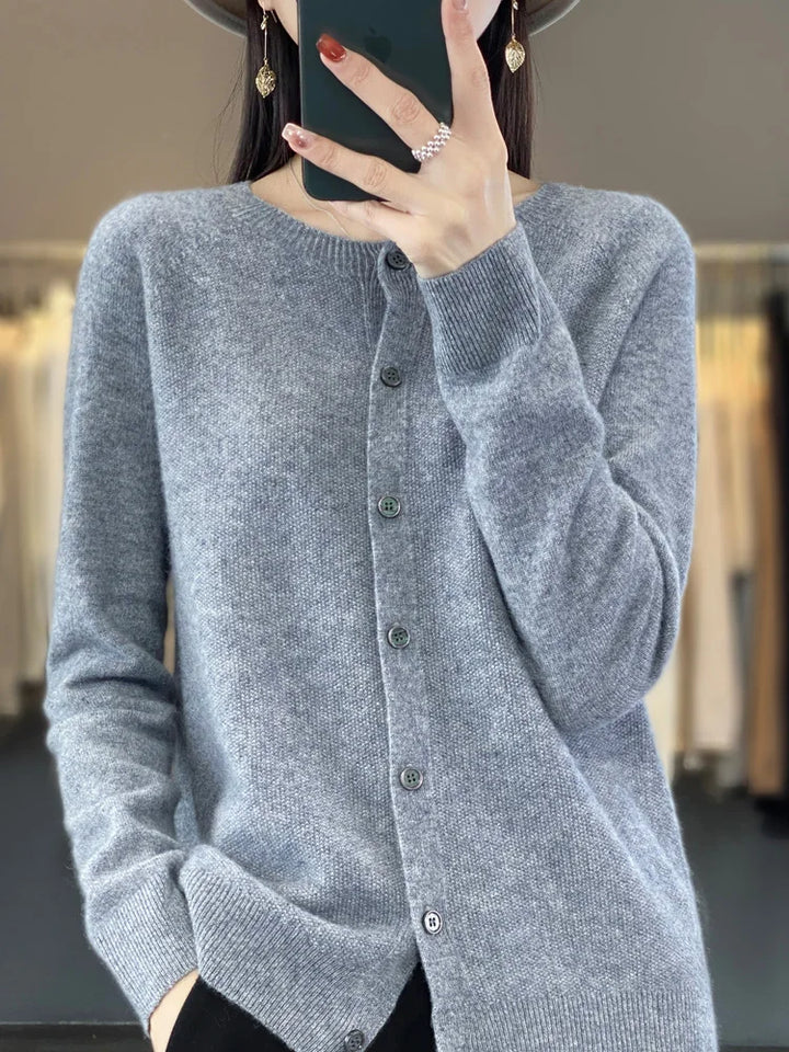 Petra gray long sleeve knit cardigan buttoned closeup