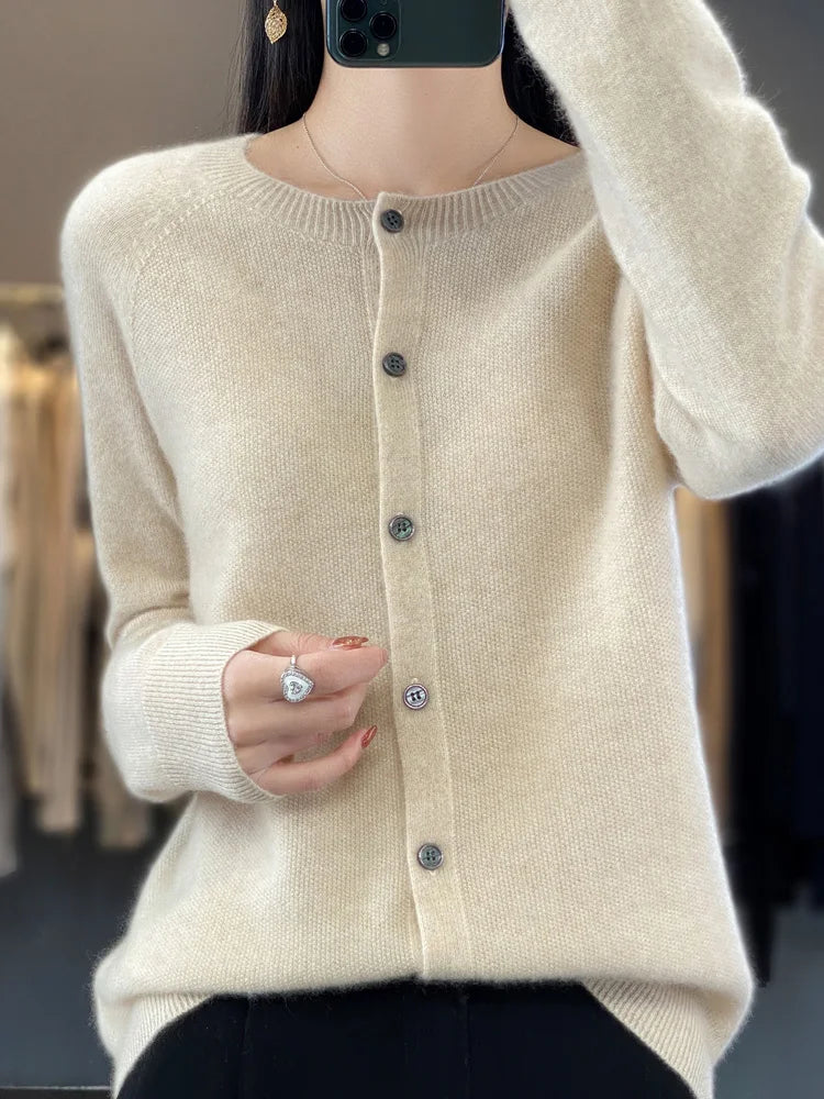 Petra beige button front cardigan with round neckline, front view
