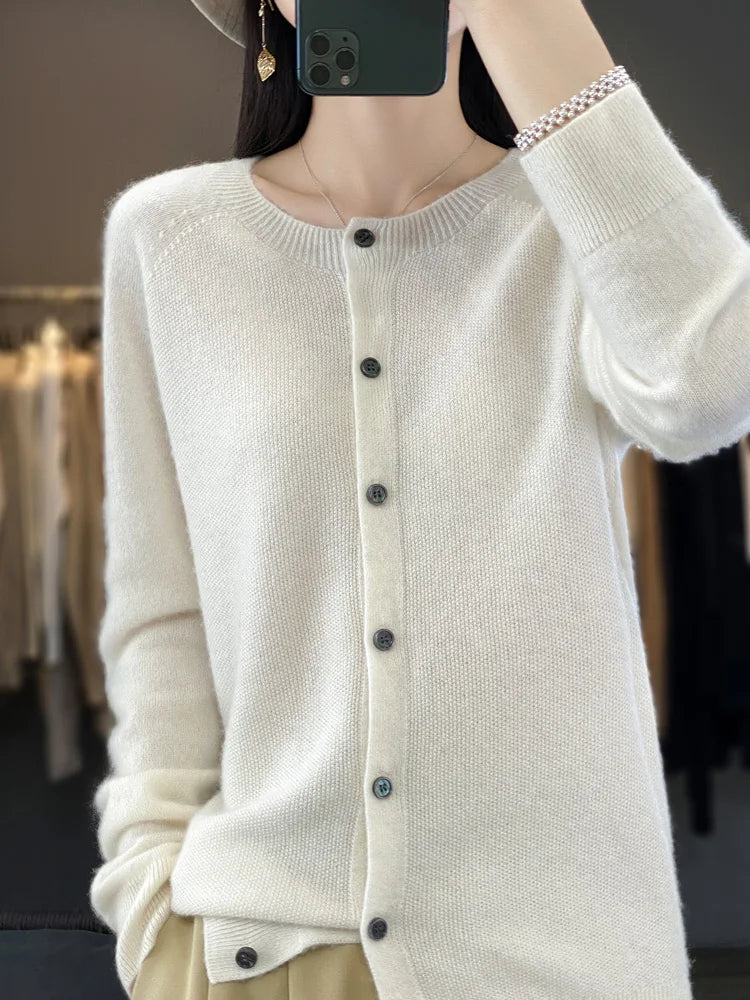 Petra white knit cardigan with long sleeves, front view