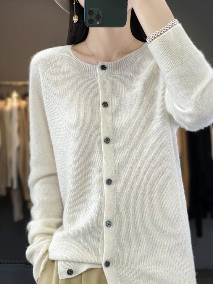 Petra white knit cardigan with long sleeves, front view