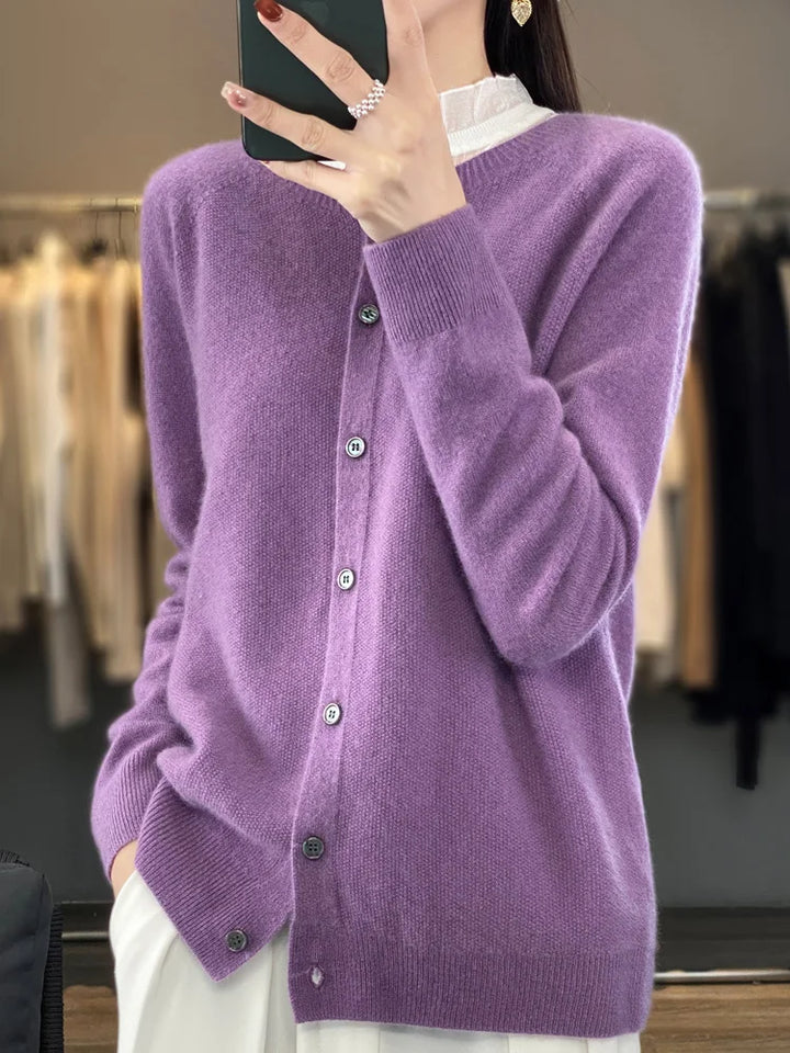 Petra violet button front cardigan, front view