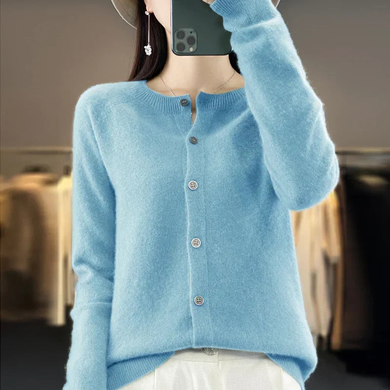 Petra light blue knit cardigan with round neckline