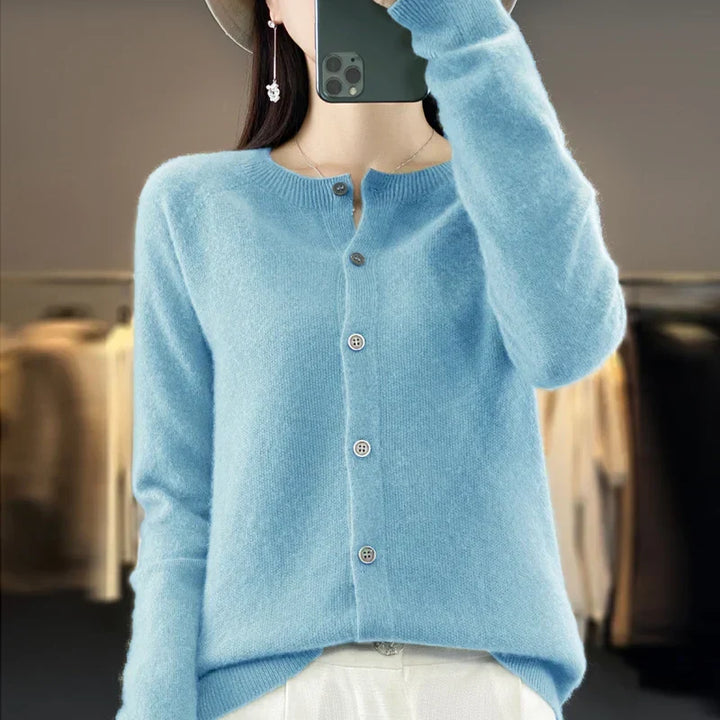 Petra light blue knit cardigan with round neckline
