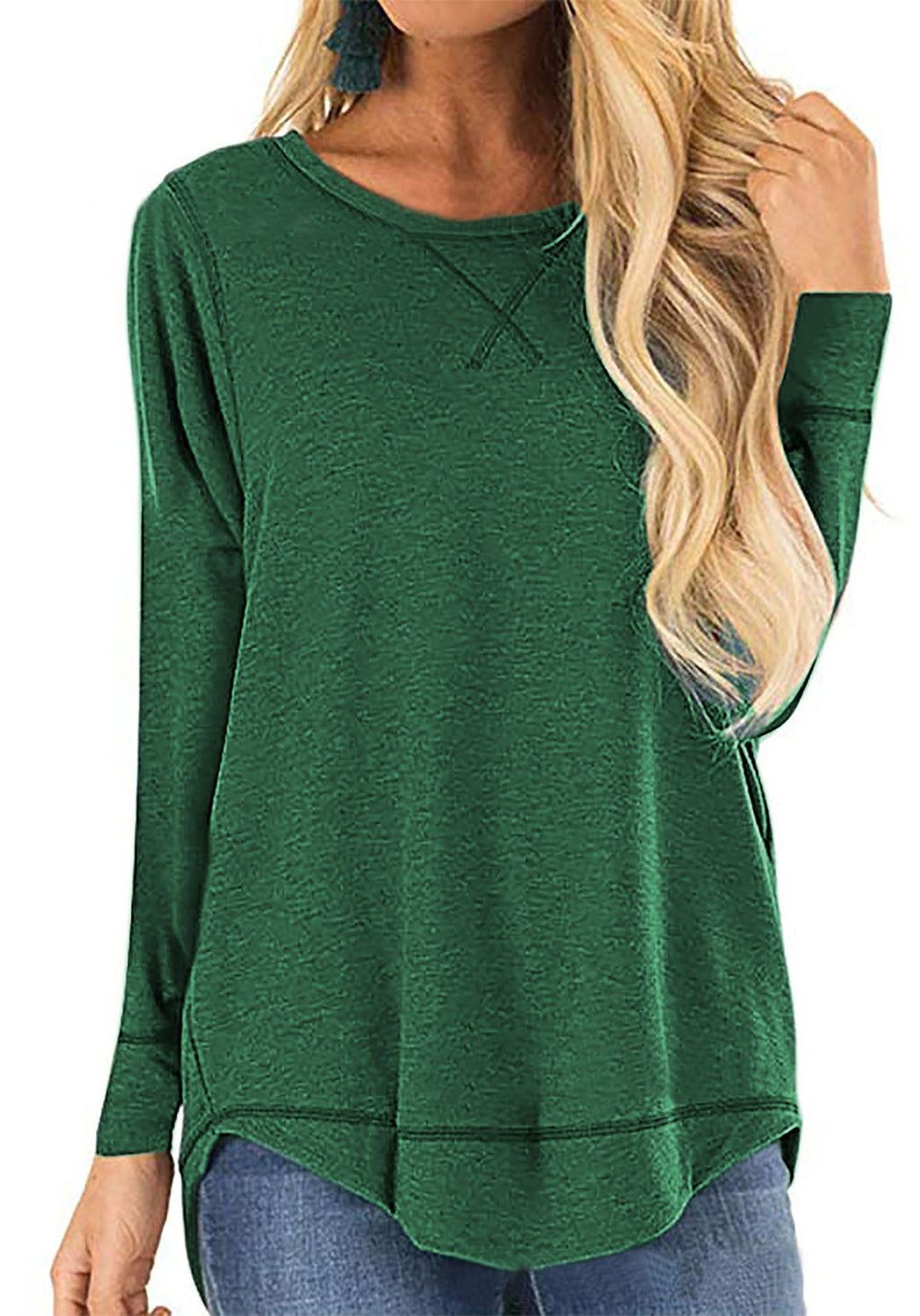 Prairie long sleeve tunic top in green, front view