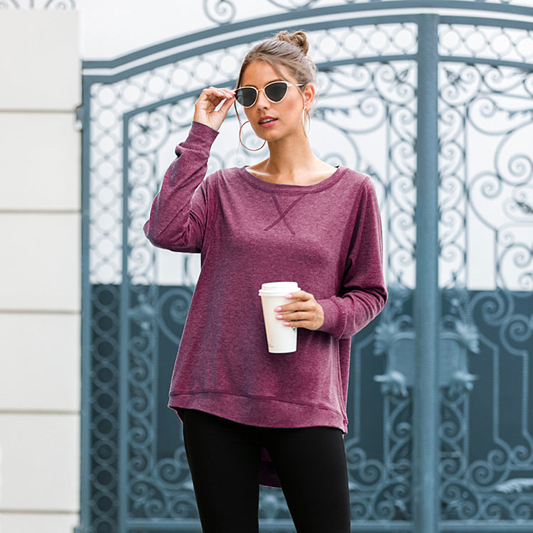 Prairie long sleeve tunic top in burgundy, styled with sunglasses