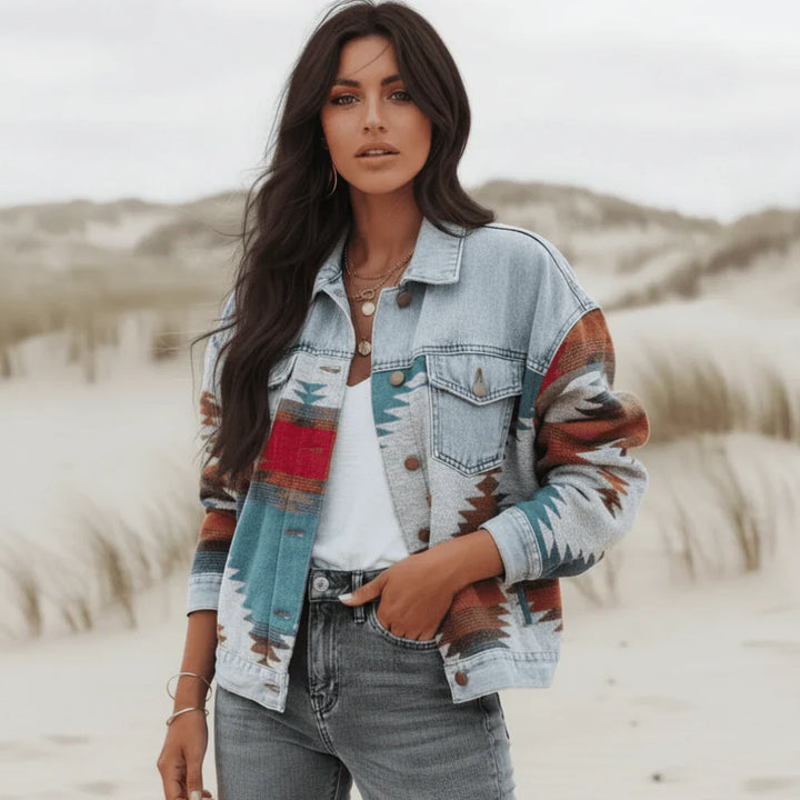 Presley geometric print button front denim jacket, front view