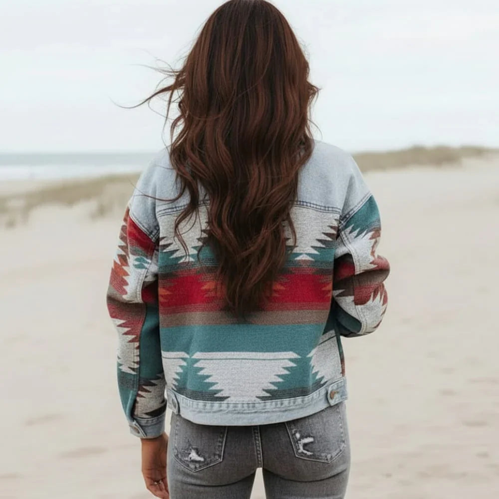 Presley geometric print denim jacket, back view