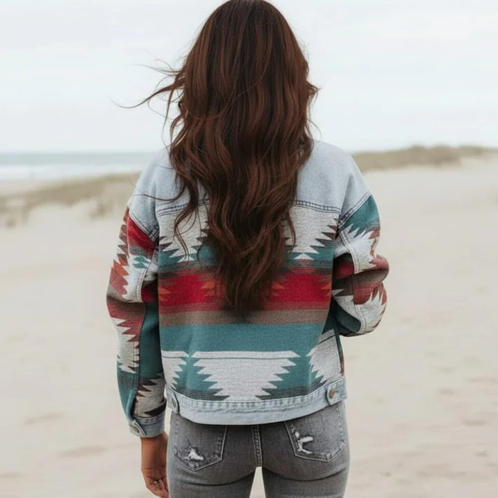 Presley geometric print denim jacket, back view