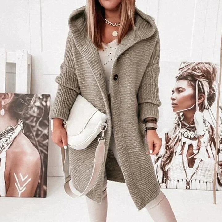 Prisca hooded long cardigan in taupe, side profile view