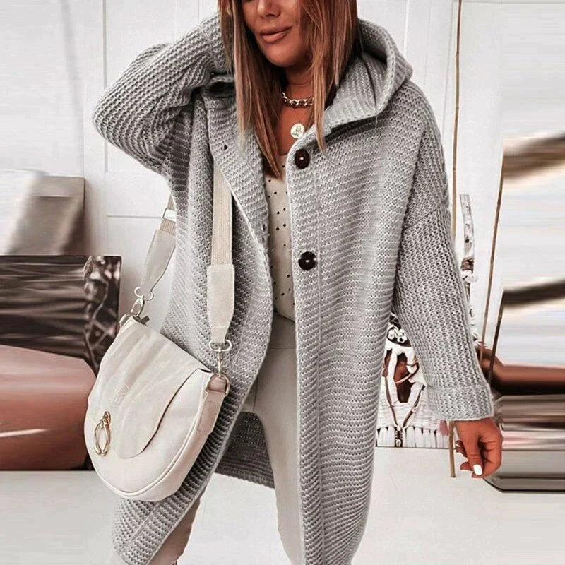 Prisca hooded long cardigan in taupe, side profile view