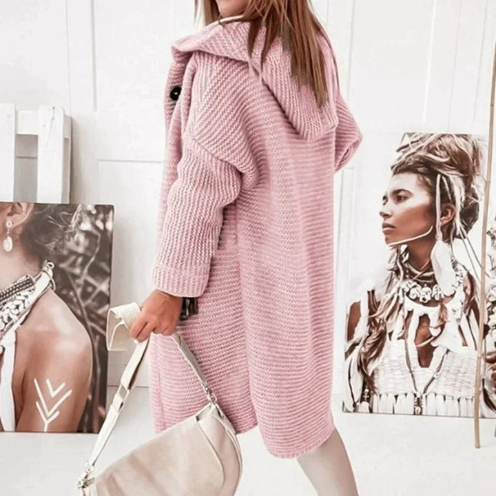 Prisca hooded long cardigan in pink, back view showing oversized hood