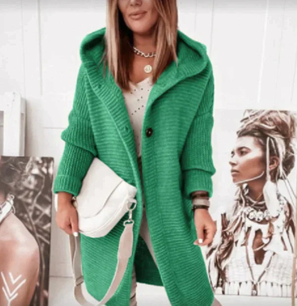 Prisca hooded long cardigan in taupe, side profile view