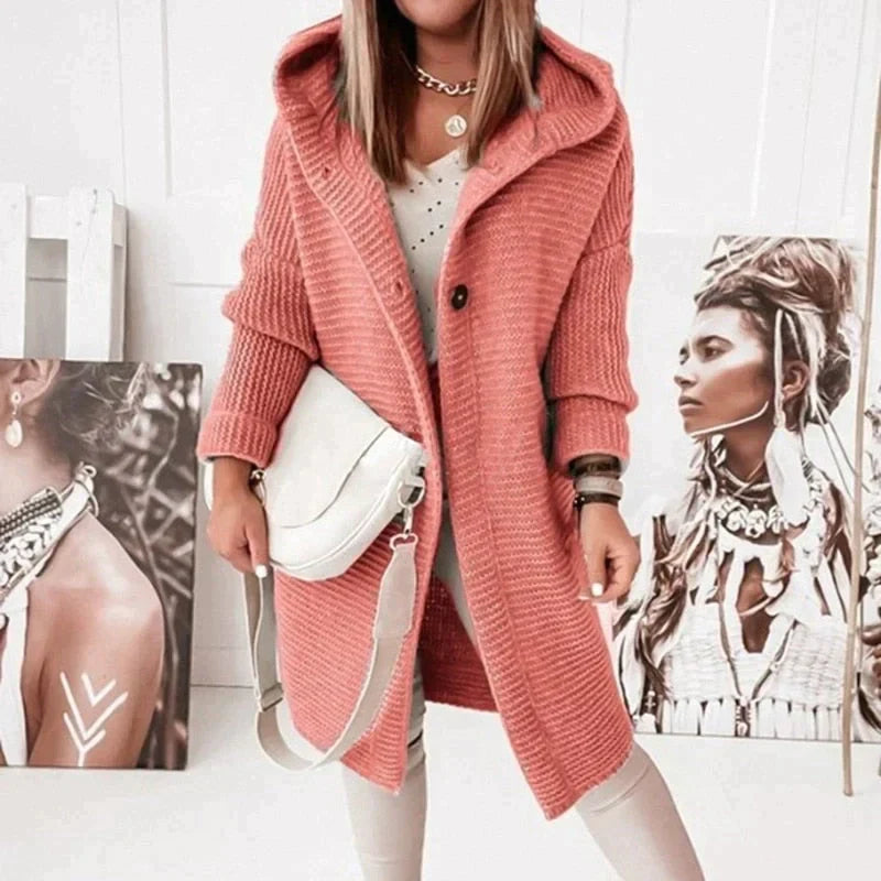 Prisca hooded long cardigan in taupe, side profile view