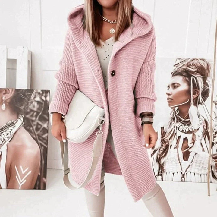 Prisca hooded long cardigan in taupe, side profile view
