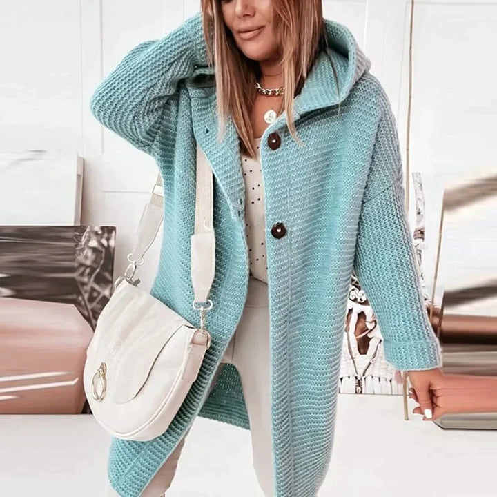Prisca hooded long cardigan in taupe, side profile view