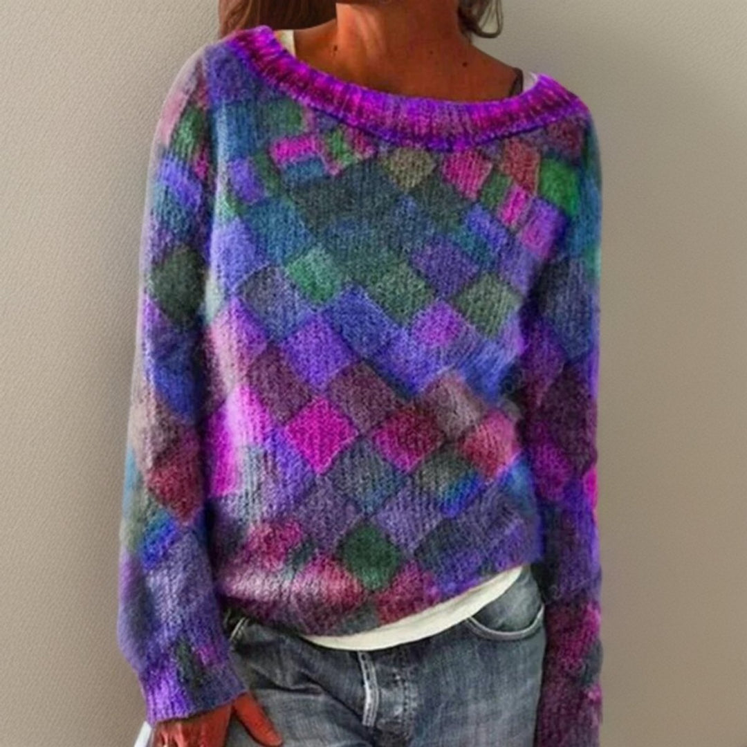 Priscilla multicolor diamond pattern knit sweater, close-up front view on model