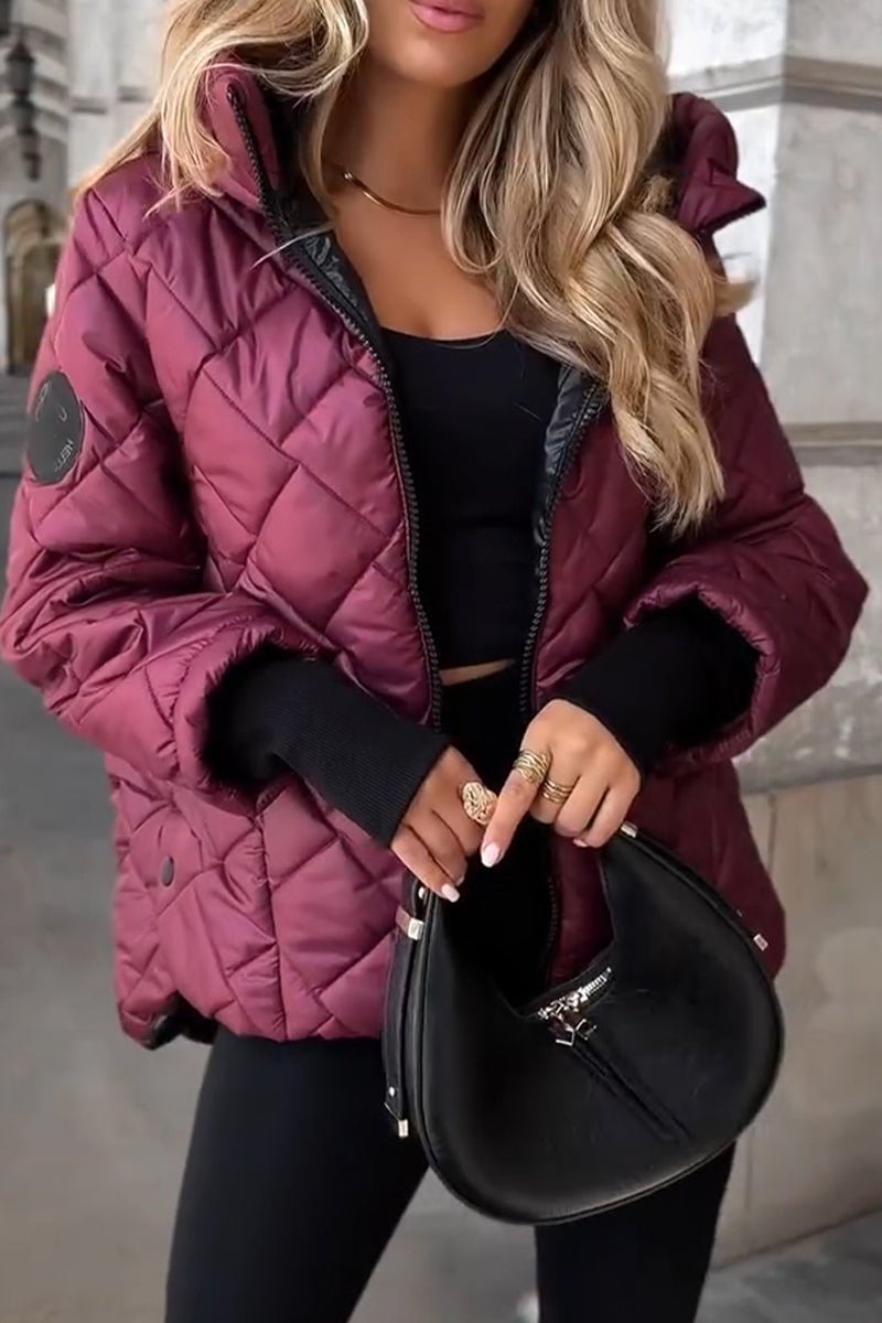 Priscilla diamond quilted hooded puffer jacket in wine red, close-up detail view